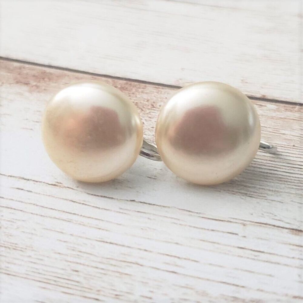 Vintage Clip On Earrings With Screw To Tighten - Faux Pearl Just Over 5/8"